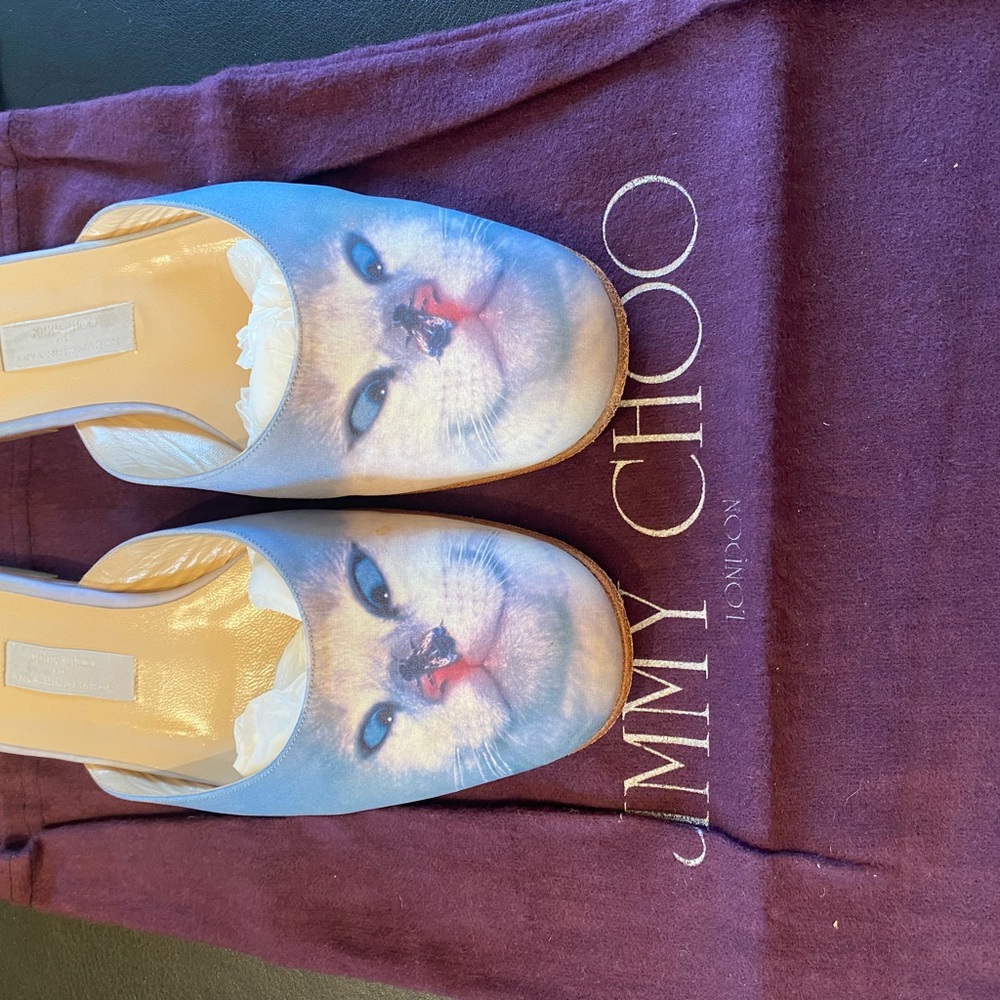 Jimmy Choo Blue Cat Print Mules - Picture 7 of 7